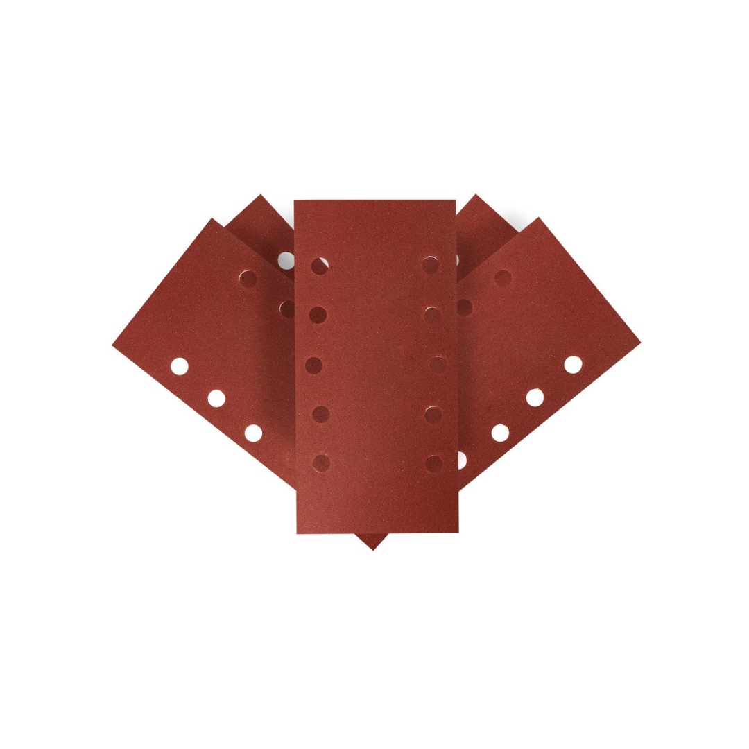 Šlifavimo popierius su „Velcro“ tvirtinimu 115 x 230 mm, K240, 5 vnt, su skylutėmis Šlifavimo popierius su „Velcro“ tvirtinimu 115 x 230 mm, K240, 5 vnt, su skylutėmis