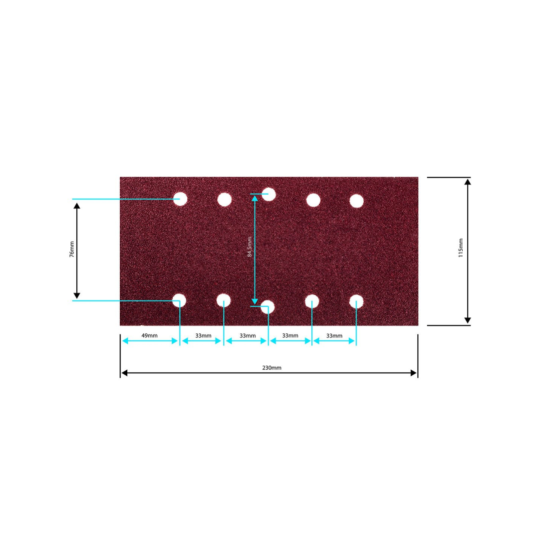 Šlifavimo popierius su „Velcro“ tvirtinimu 115 x 230 mm, K80, 5 vnt, su skylutėmis 8 Šlifavimo popierius su „Velcro“ tvirtinimu 115 x 230 mm, K80, 5 vnt, su skylutėmis 8