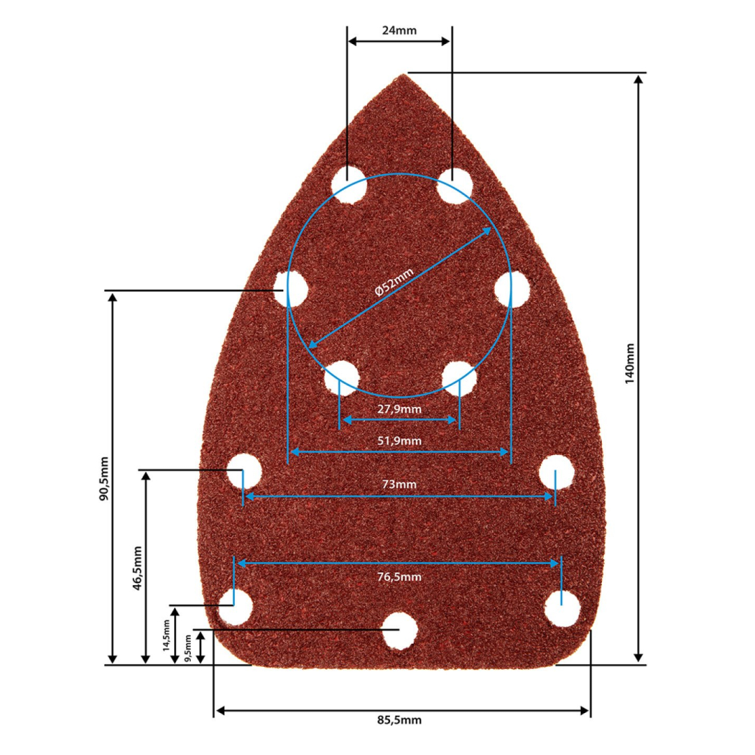 Šlifavimo popierius su „Velcro“ tvirtinimu delta 140 x 140 x 80 mm, K240, 5 vnt, su skylutėmis 8