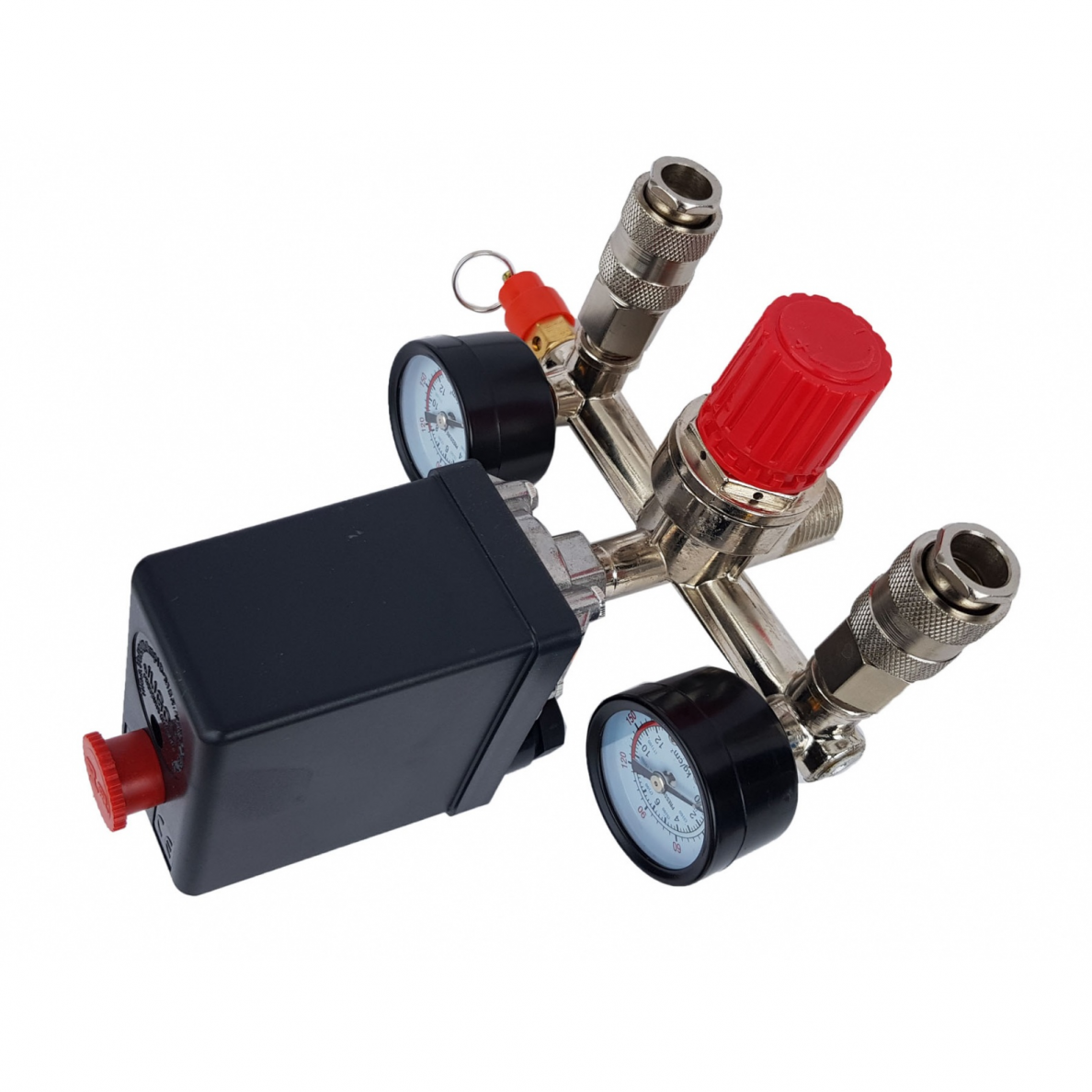 Reguliatorius kompresoriui su slėgio jungikliu ir manometrais KINGRONY,  230 V 1