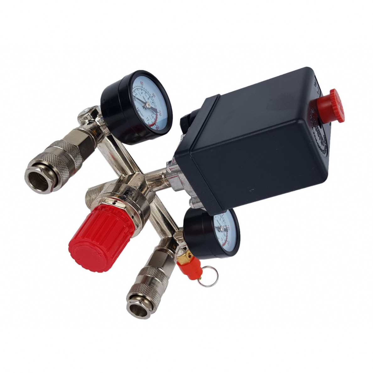 Reguliatorius kompresoriui su slėgio jungikliu ir manometrais KINGRONY, 230 V Reguliatorius kompresoriui su slėgio jungikliu ir manometrais KINGRONY, 230 V