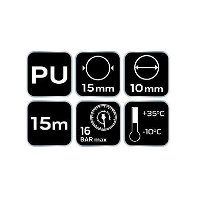 Slėgio žarnos spiralė 10,0 x 15 mm, 15 m, PU 8 Slėgio žarnos spiralė 10,0 x 15 mm, 15 m, PU 8