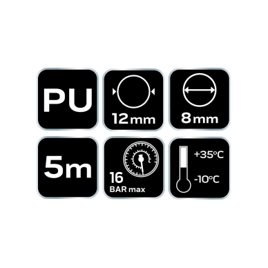 Slėgio žarnos spiralė 8,0 x 12 mm, 5 m, PU 8 Slėgio žarnos spiralė 8,0 x 12 mm, 5 m, PU 8