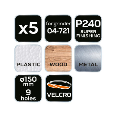 Šlifavimo diskai 150 mm, P240, 5 vnt, su 9 skylėmis 04-721 8 Šlifavimo diskai 150 mm, P240, 5 vnt, su 9 skylėmis 04-721 8
