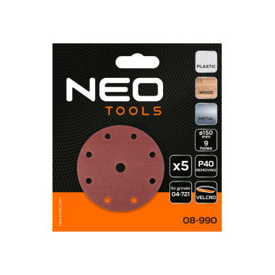 Šlifavimo diskai 150 mm, P40, 5 vnt, su 9 skylėmis 04-721 1 Šlifavimo diskai 150 mm, P40, 5 vnt, su 9 skylėmis 04-721 1