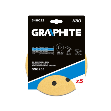 Šlifavimo popierius su lipduku 180 mm, K80, 5 vnt, su 8 skylutėmis šlifuokliui 59G263 1 Šlifavimo popierius su lipduku 180 mm, K80, 5 vnt, su 8 skylutėmis šlifuokliui 59G263 1