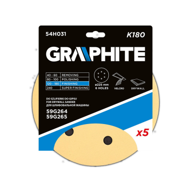 Šlifavimo popierius su lipduku 225 mm, K180, 5 vnt, su 6 skylutėmis šlifuokliui 59G264, 59G265 1 Šlifavimo popierius su lipduku 225 mm, K180, 5 vnt, su 6 skylutėmis šlifuokliui 59G264, 59G265 1