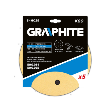 Šlifavimo popierius su lipduku 225 mm, K80, 5 vnt, su 6 skylutėmis šlifuokliui 59G264, 59G265 1