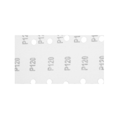 Šlifavimo popierius su „Velcro“ tvirtinimu 115 x 230 mm, K120, 5 vnt, su skylutėmis 7 Šlifavimo popierius su „Velcro“ tvirtinimu 115 x 230 mm, K120, 5 vnt, su skylutėmis 7