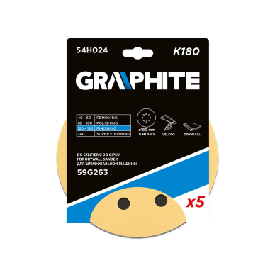 Šlifavimo popierius su „Velcro“ tvirtinimu 180 mm, K180, 5 vnt, su 8 skylutėmis šlifavimo mašinai 59G263 1