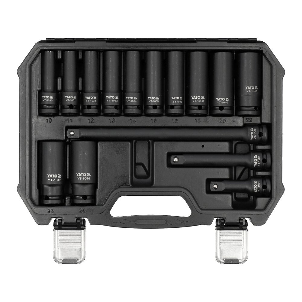 Smūginių ilgų ir plonasienių galvučių rinkinys | CR-MO | 18 vnt. (YT-10566) 2 Smūginių ilgų ir plonasienių galvučių rinkinys | CR-MO | 18 vnt. (YT-10566) 2