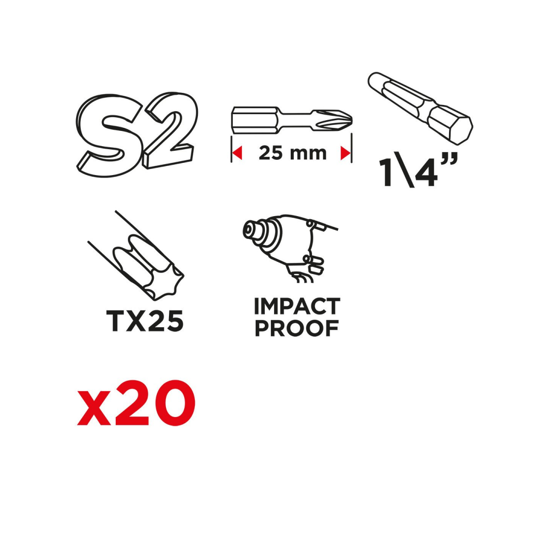 Smūginiai antgaliai TX25 x 25 mm, 20 vnt. 8 Smūginiai antgaliai TX25 x 25 mm, 20 vnt. 8