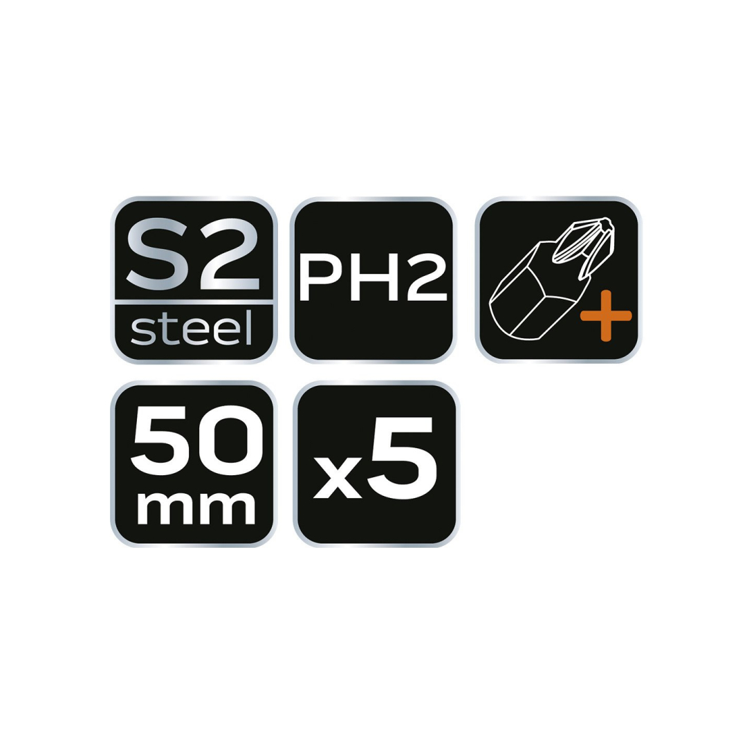 Smūginiai antgaliukai S2, 50 mm, PH2 - 5 vnt. 6 Smūginiai antgaliukai S2, 50 mm, PH2 - 5 vnt. 6