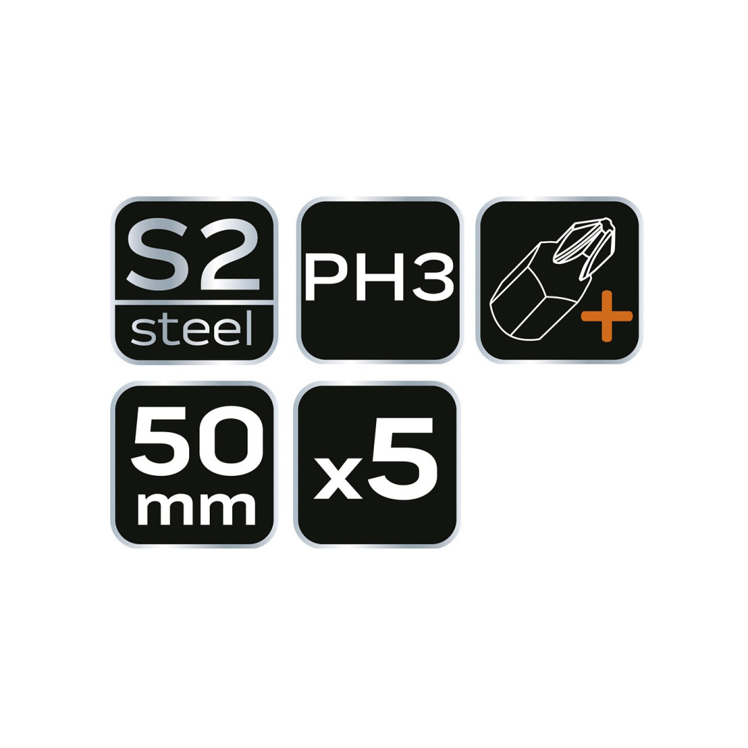 Smūginiai antgaliukai S2, 50 mm, PH3 - 5 vnt. 4 Smūginiai antgaliukai S2, 50 mm, PH3 - 5 vnt. 4