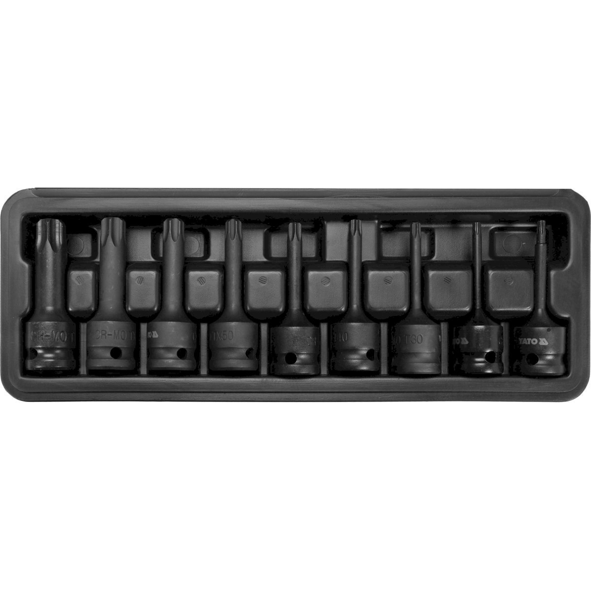 Smūginiai antgaliai | 12,5 mm (1/2") | T-Star (Torx) T20 - T70 | 9 vnt (YT-10654) Smūginiai antgaliai | 12,5 mm (1/2") | T-Star (Torx) T20 - T70 | 9 vnt (YT-10654)