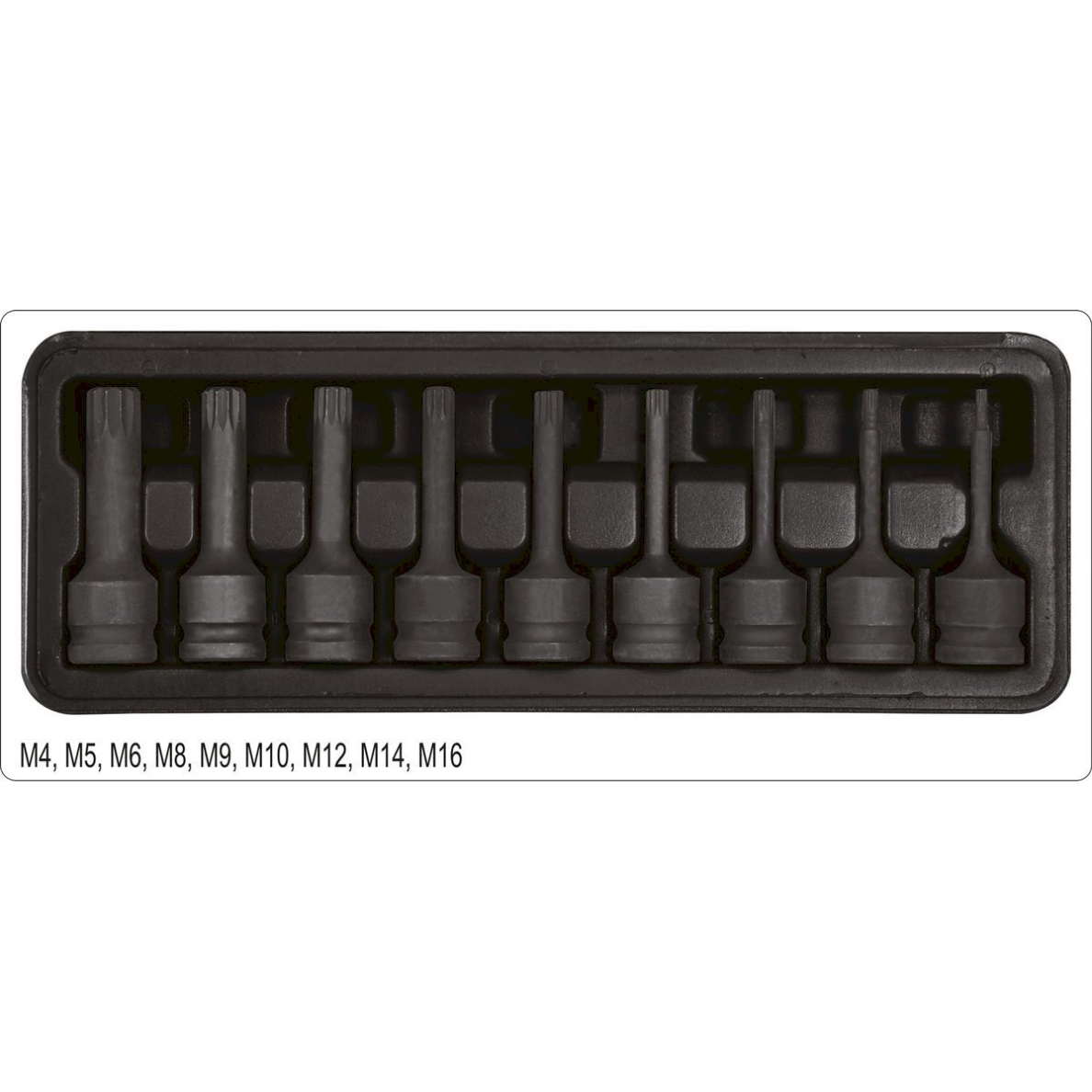 Smūginių antgalių rinkinys | 12,5 mm (1/2") | Spline (XZN) M4 - M16 | 9 vnt. (YT-10691) Smūginių antgalių rinkinys | 12,5 mm (1/2") | Spline (XZN) M4 - M16 | 9 vnt. (YT-10691)