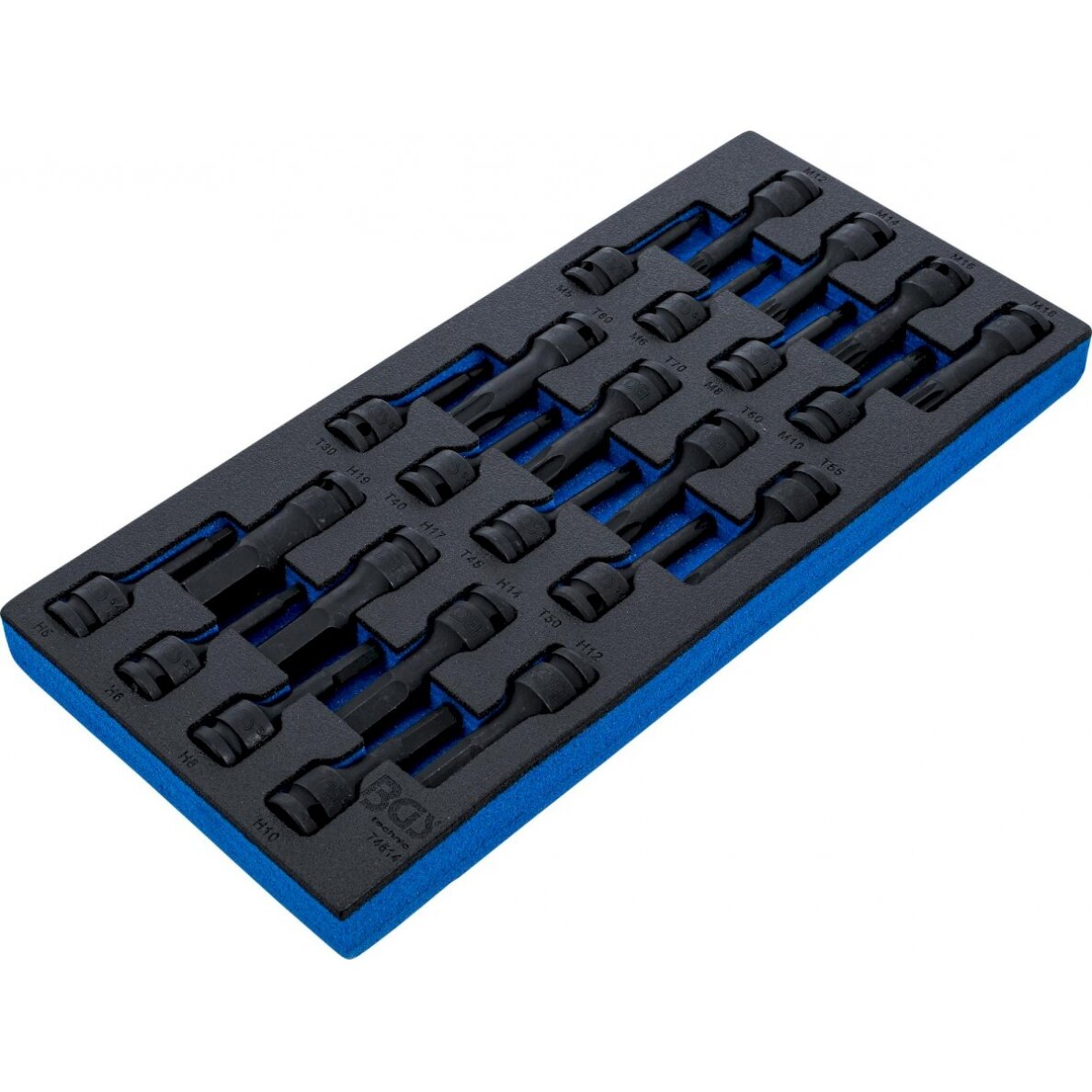 Smūginių antgalių rinkinys | torx/hex/spline | 12,5 mm (1/2") | su dėklu | 24 vnt. (74514)