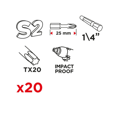 Smūginiai antgaliai TX20 x 25 mm, 20 vnt. 8 Smūginiai antgaliai TX20 x 25 mm, 20 vnt. 8