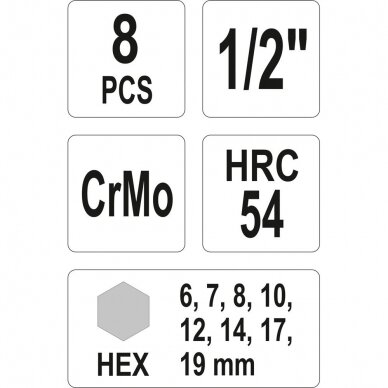Smūginiai antgaliai Yato (1/2"), šešiakampis HEX 5 - 19 mm, 8 vnt. 3