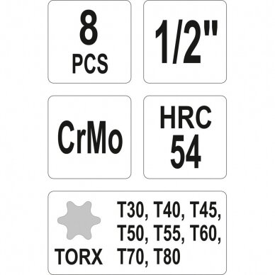 Smūginiai antgaliai Yato (1/2"), T-Star (Torx) T30 - T80, 8 vnt 3