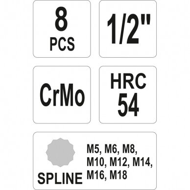 Smūginių antgalių rinkinys Yato (1/2"), Spline (XZN) M5 - M18, 8 vnt. 3