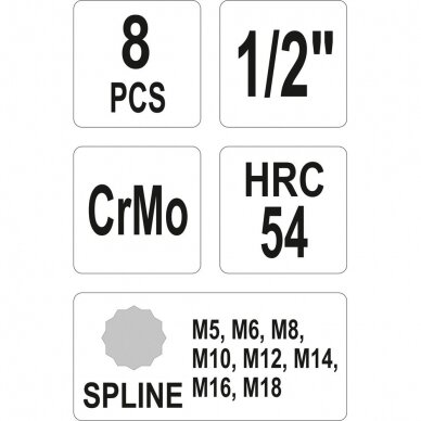 Smūginių antgalių rinkinys Yato (1/2"), Spline (XZN) M5 - M18, 8 vnt. 3 Smūginių antgalių rinkinys Yato (1/2"), Spline (XZN) M5 - M18, 8 vnt. 3