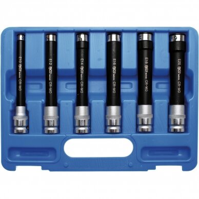 Smūginių galvučių rinkinys E-Tipas  Labai ilgos  (1/2") E10 - E20 6 vnt. 1 Smūginių galvučių rinkinys E-Tipas  Labai ilgos  (1/2") E10 - E20 6 vnt. 1