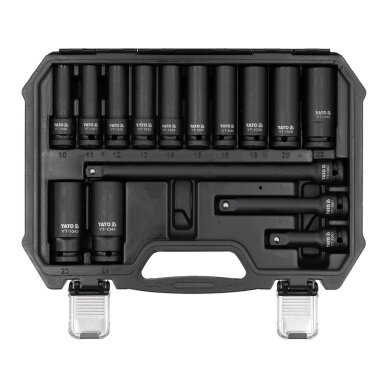 Smūginių ilgų ir plonasienių galvučių rinkinys | CR-MO | 18 vnt. (YT-10566) 2 Smūginių ilgų ir plonasienių galvučių rinkinys | CR-MO | 18 vnt. (YT-10566) 2