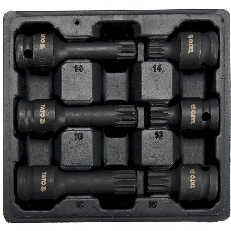 Smūginių antgalių rinkinys | 12,5 mm (1/2") | Spline (XZN) | 6 vnt. (YT-10652) Smūginių antgalių rinkinys | 12,5 mm (1/2") | Spline (XZN) | 6 vnt. (YT-10652)