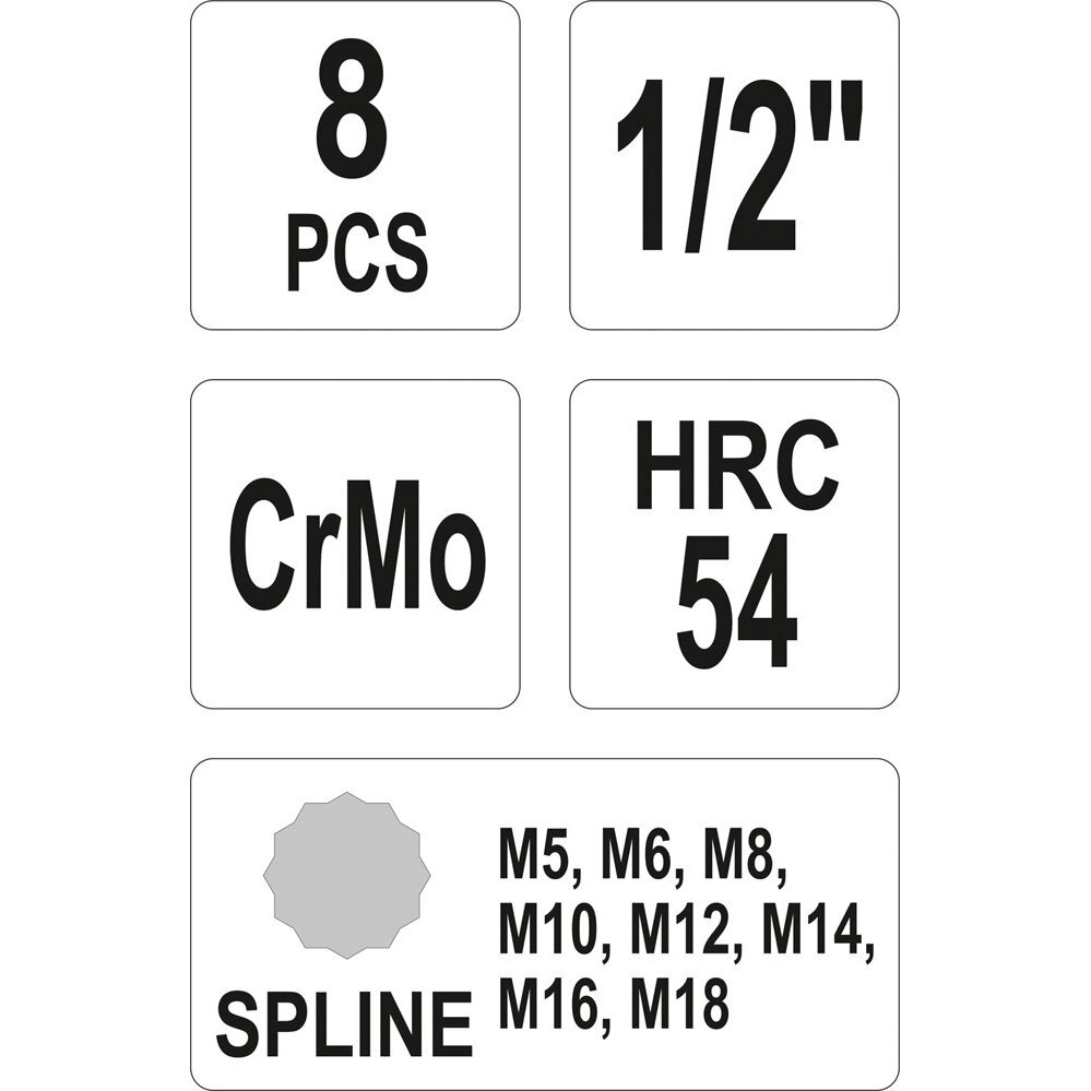 Smūginių antgalių rinkinys Yato (1/2"), Spline (XZN) M5 - M18, 8 vnt. 3 Smūginių antgalių rinkinys Yato (1/2"), Spline (XZN) M5 - M18, 8 vnt. 3