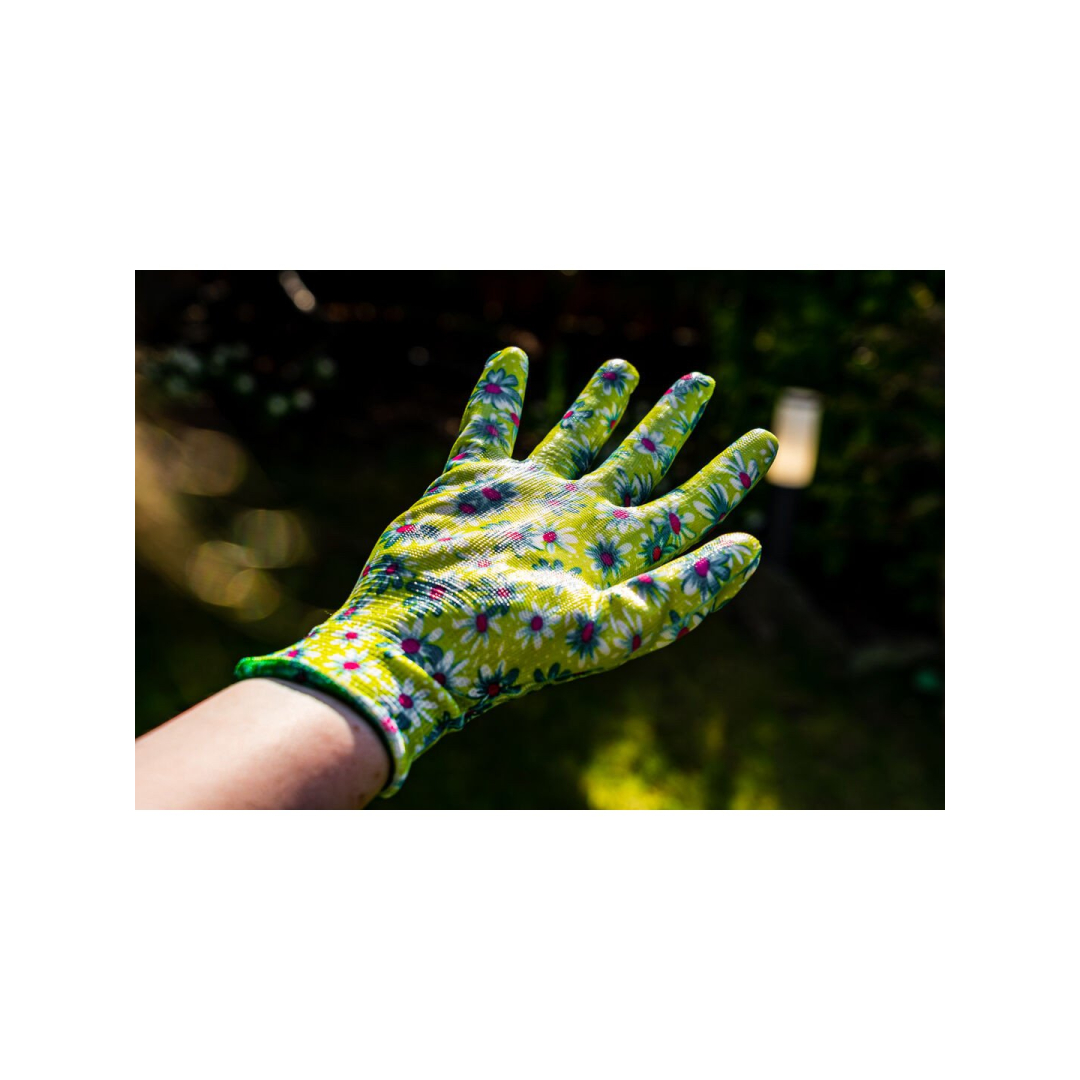 Sodo pirštinės, padengtos nitrilu, gėlių raštu, dydis 7" 1 Sodo pirštinės, padengtos nitrilu, gėlių raštu, dydis 7" 1