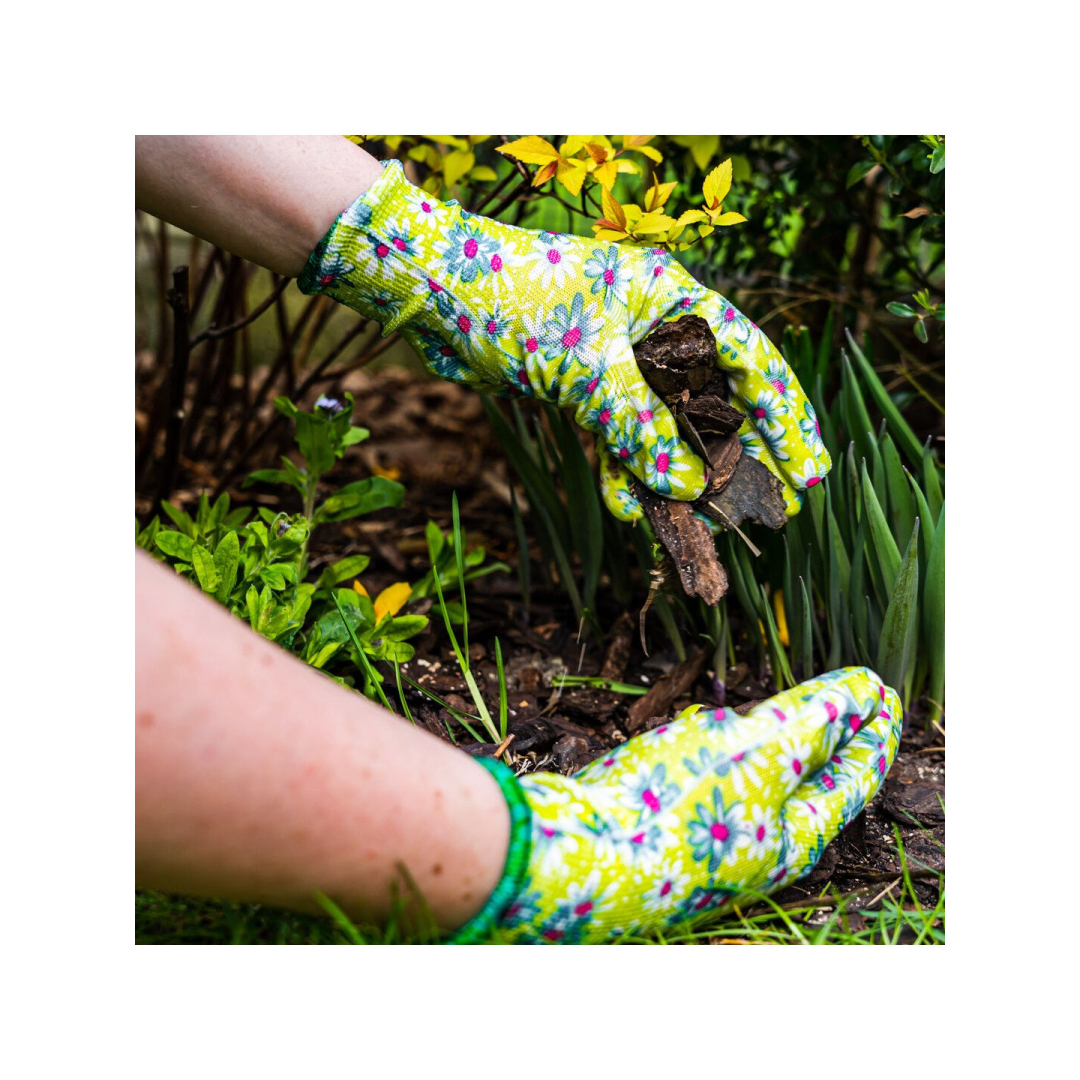 Sodo pirštinės, padengtos nitrilu, gėlių raštu, dydis 7" 3