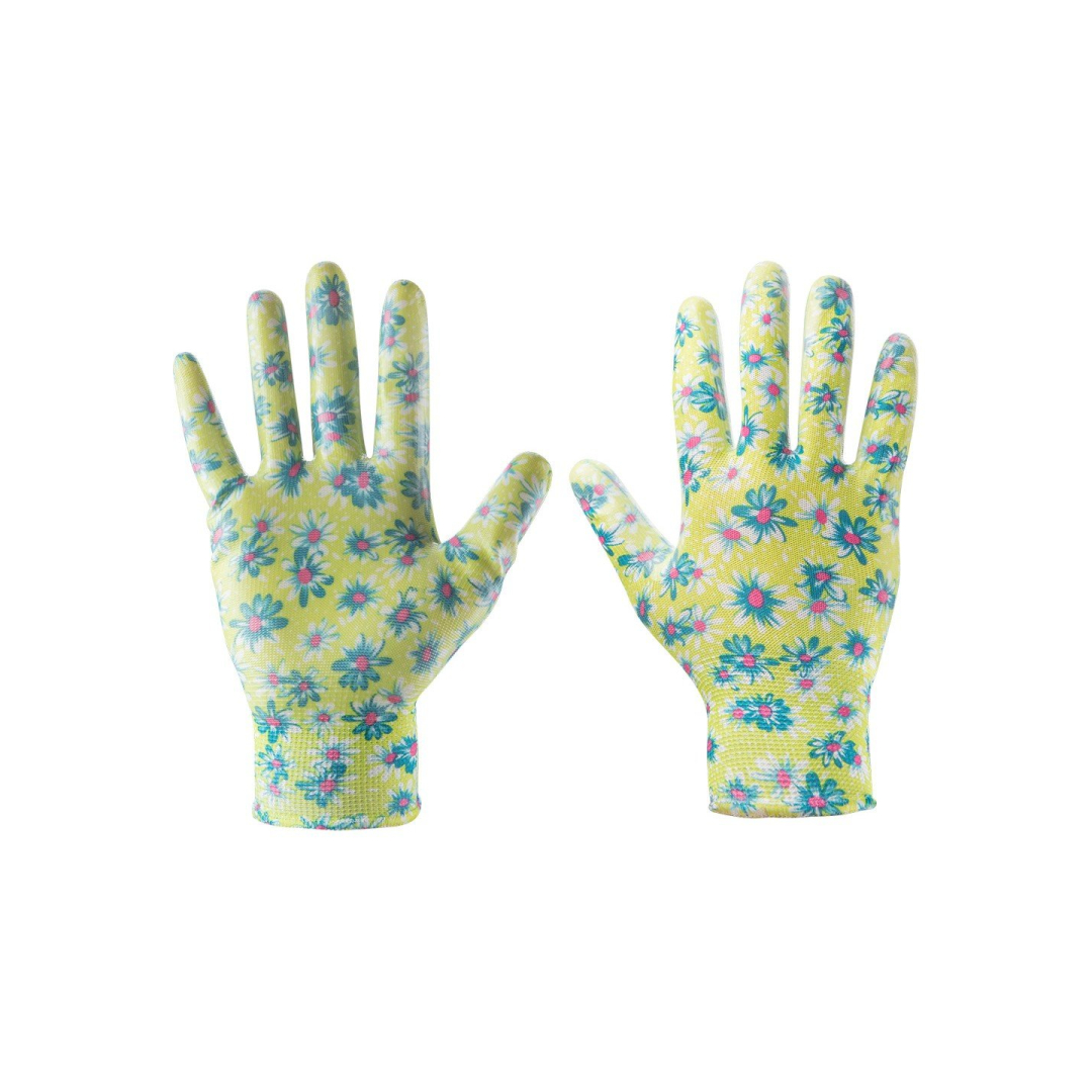 Sodo pirštinės, padengtos nitrilu, gėlių raštu, dydis 7"