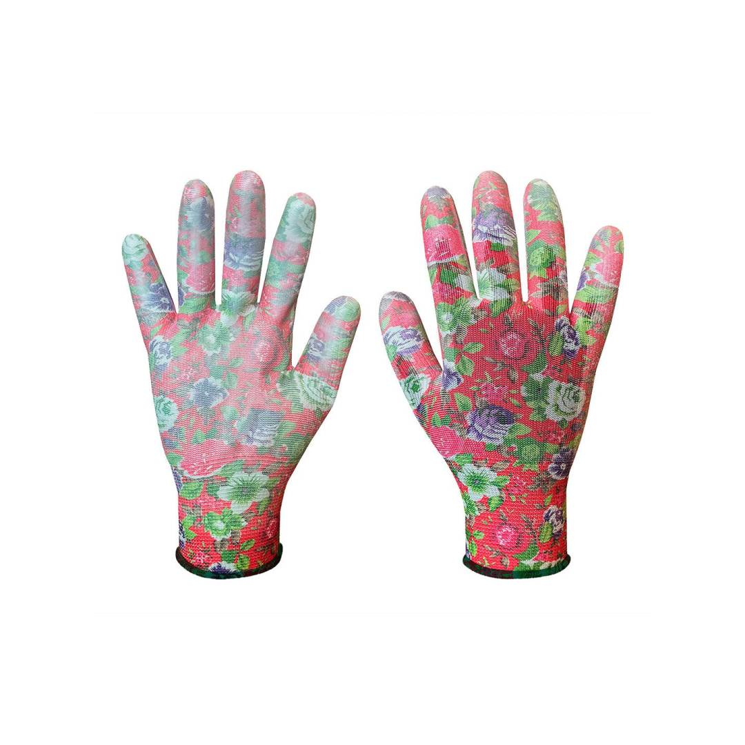 Sodo pirštinės su PU danga, rožių raštas, 7 dydžio