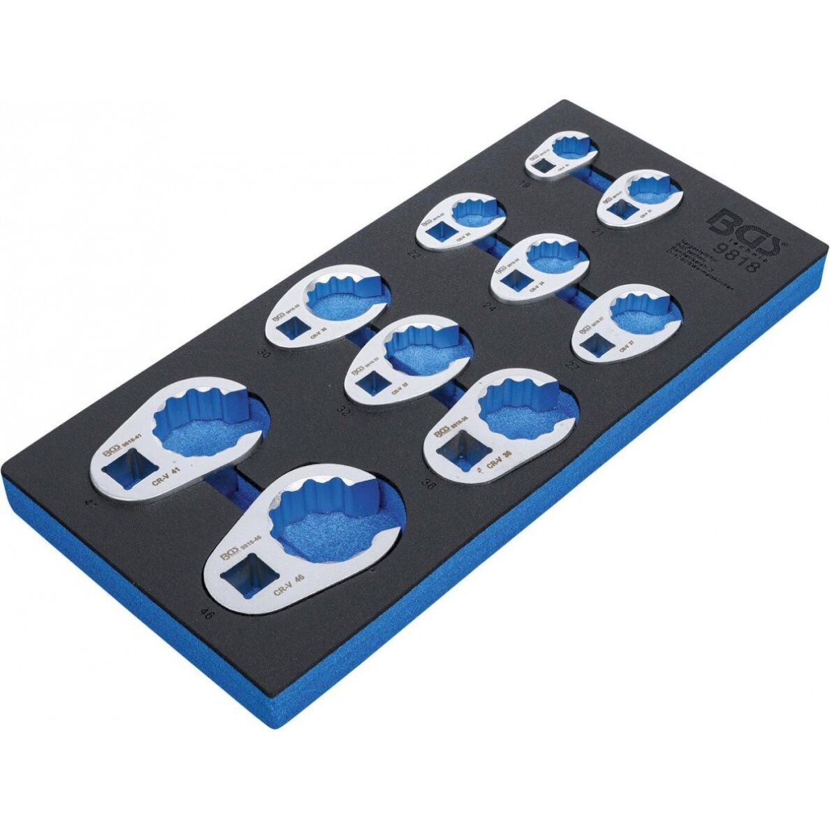 Šoninių raktų rinkinys | Įrankių dėklas 1/6 | 10 mm (3/8") / 12.5 mm (1/2") / 20 mm (3/4") | 10 vnt. (9818) Šoninių raktų rinkinys | Įrankių dėklas 1/6 | 10 mm (3/8") / 12.5 mm (1/2") / 20 mm (3/4") | 10 vnt. (9818)