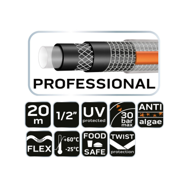 Sodo žarna 1/2" x 20 m, 6 sluoksniai PROFESSIONAL 8 Sodo žarna 1/2" x 20 m, 6 sluoksniai PROFESSIONAL 8