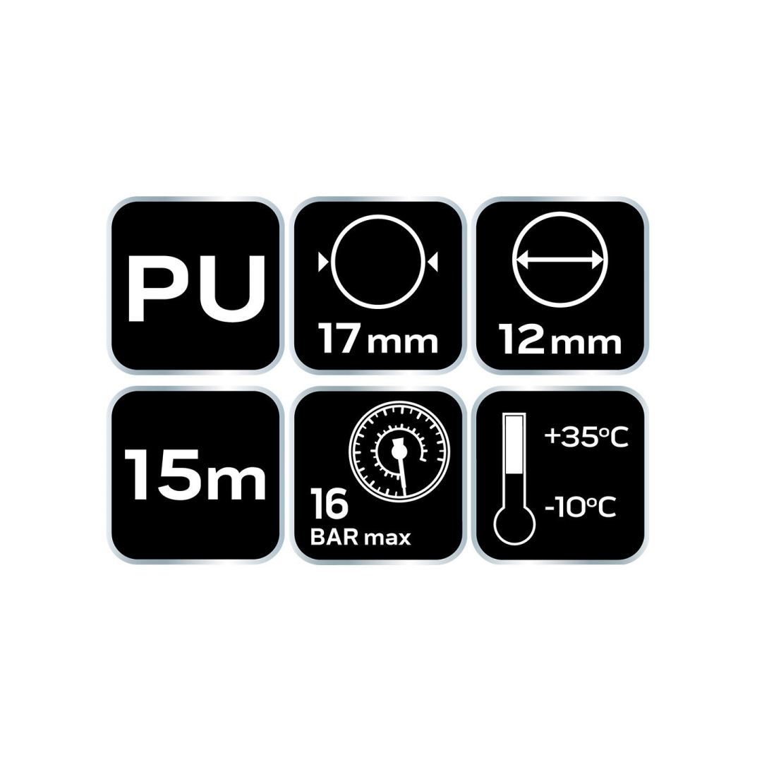 Spiralinė slėgio žarna 12,0 x 17 mm, 15 m, PU 8 Spiralinė slėgio žarna 12,0 x 17 mm, 15 m, PU 8