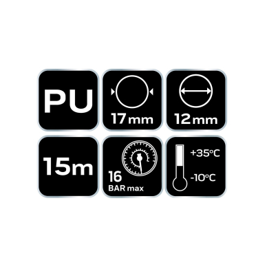Spiralinė slėgio žarna 12,0 x 17 mm, 15 m, PU 8 Spiralinė slėgio žarna 12,0 x 17 mm, 15 m, PU 8