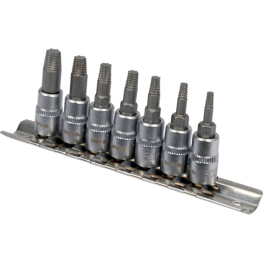 Sraigtiniai ištraukikliai | 6,3 mm (1/4") / 10 mm (3/8") | pažeistam T-Star (Torx) T10 - T40 | 7 vnt. (YT-04581) Sraigtiniai ištraukikliai | 6,3 mm (1/4") / 10 mm (3/8") | pažeistam T-Star (Torx) T10 - T40 | 7 vnt. (YT-04581)
