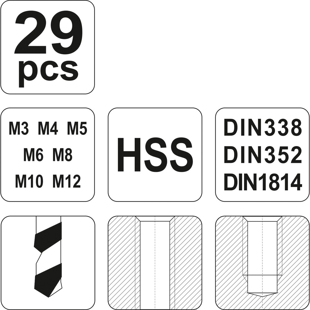 Sriegiklių ir grąžtų rinkinys Yato, HSS, М3-М12, 29 vnt. 3 Sriegiklių ir grąžtų rinkinys Yato, HSS, М3-М12, 29 vnt. 3