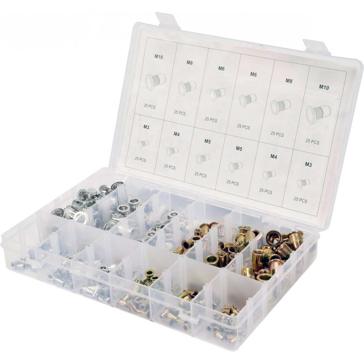 Srieginių plieninių ir aliuminų kniedžių rinkinys MIX | M3-M10 | 300 vnt. (YT-36480) Srieginių plieninių ir aliuminų kniedžių rinkinys MIX | M3-M10 | 300 vnt. (YT-36480)