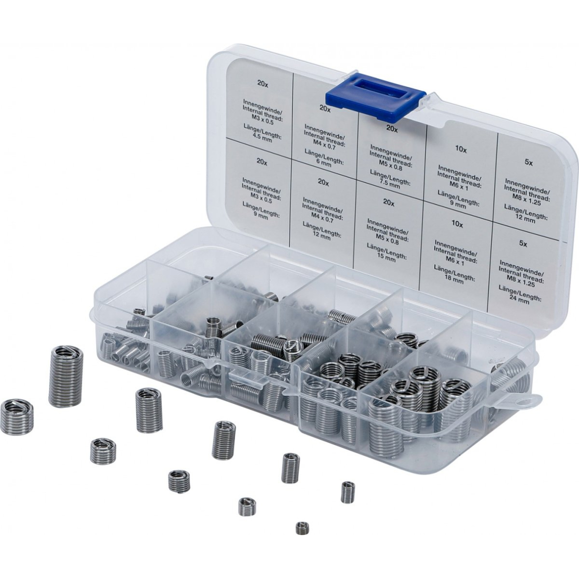 Sriegio siūlų taisymo įdėklų asortimentas | Nerūdijantis plienas | 150 vnt. (74506) Sriegio siūlų taisymo įdėklų asortimentas | Nerūdijantis plienas | 150 vnt. (74506)