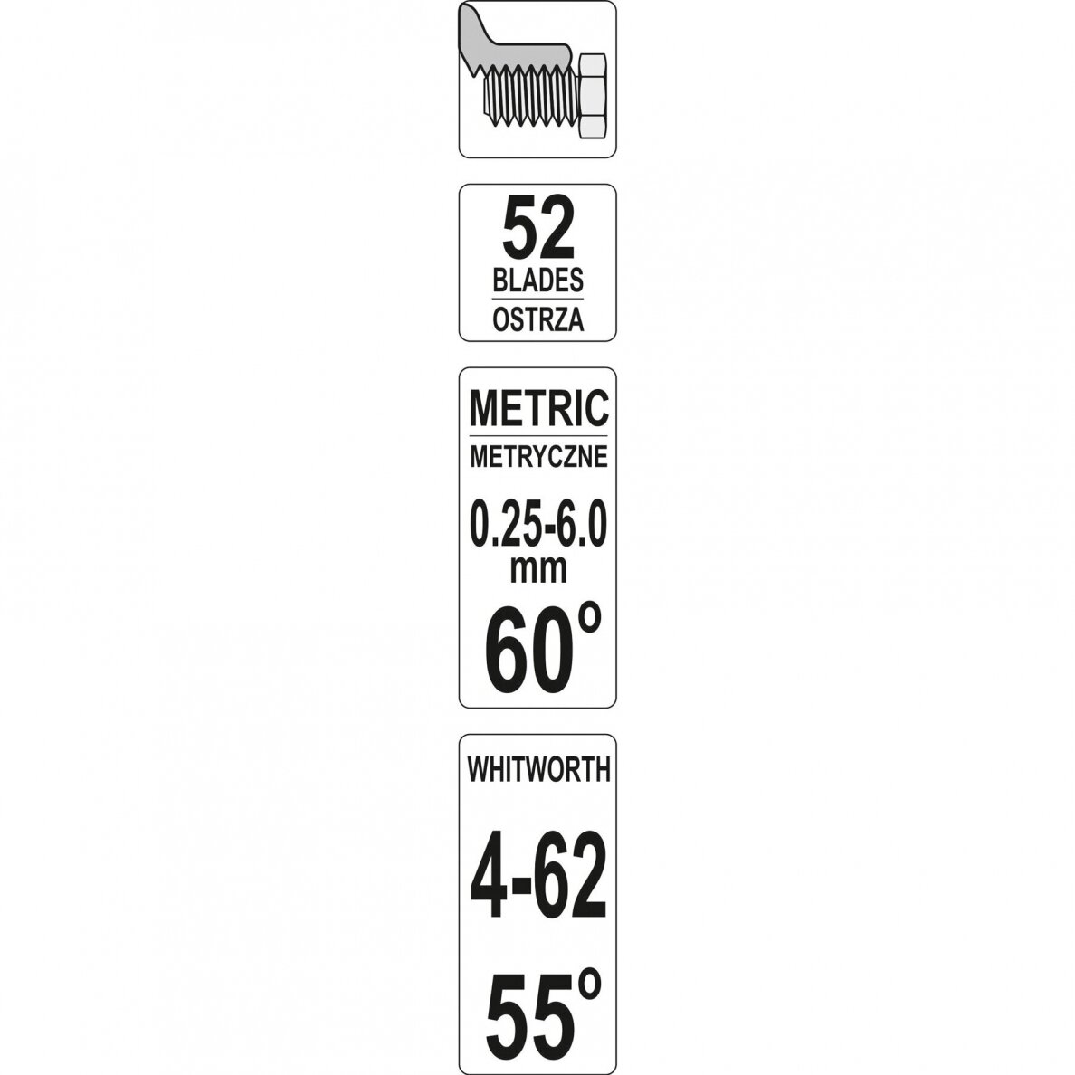 Sriegmatis dvigubas | 52 lapelių | metrinis 0,25 - 6,00 mm / 4 - 62 colinis (YT-29984) 1 Sriegmatis dvigubas | 52 lapelių | metrinis 0,25 - 6,00 mm / 4 - 62 colinis (YT-29984) 1