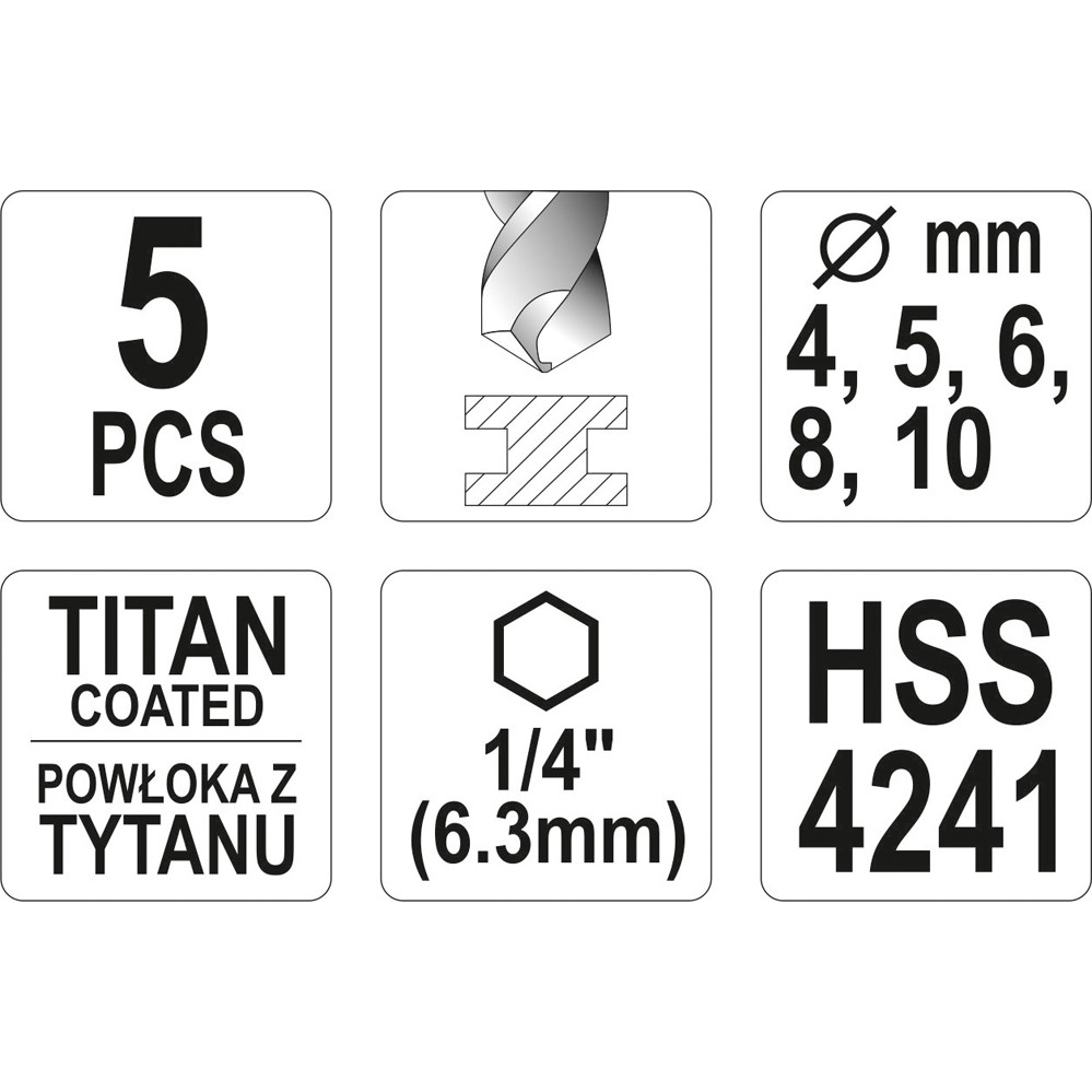Grąžtų rinkinys su Hex 6.3 mm (1/4") galu Yato YT-44700, 4 - 10 mm, 5 vnt 2