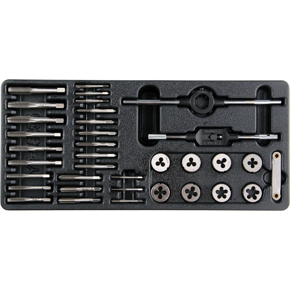 Sriegiklių ir sriegpjovių rinkinys Yato, 35 vnt. Sriegiklių ir sriegpjovių rinkinys Yato, 35 vnt.