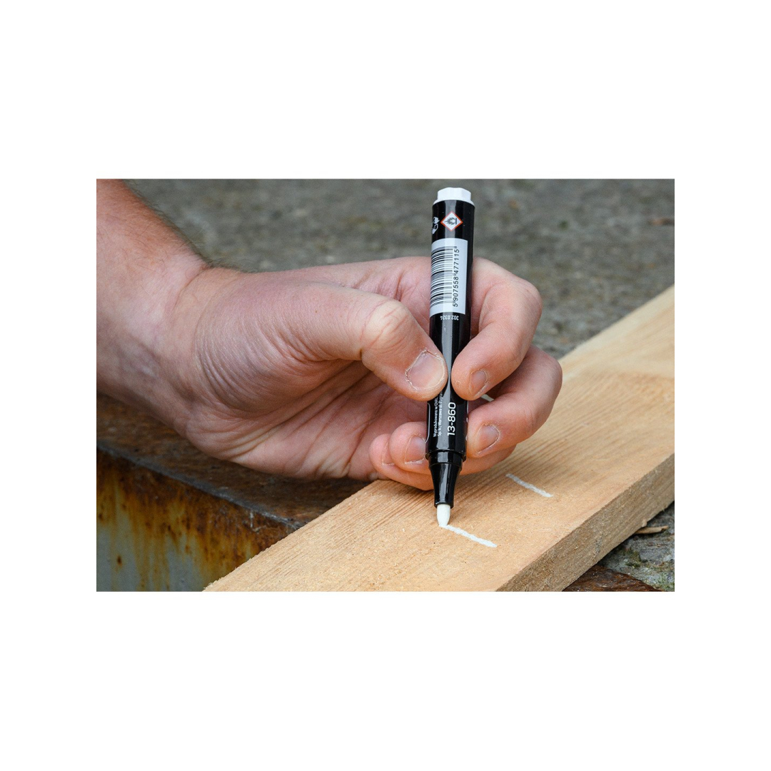 Statybinis žymeklis (markeris), baltas, nuolatinis, atsparus vandeniui, aliejaus pagrindu, kartotiniai iš 12. 3