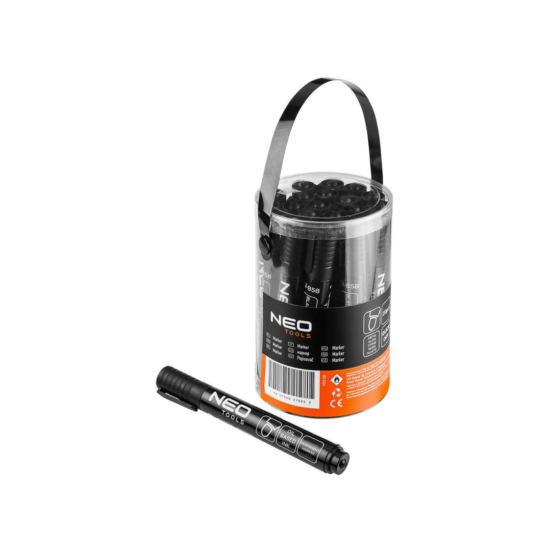 Statybinis žymeklis (markeris), juodas, nuolatinis, atsparus vandeniui, aliejaus pagrindu, kartotiniai iš 20. Statybinis žymeklis (markeris), juodas, nuolatinis, atsparus vandeniui, aliejaus pagrindu, kartotiniai iš 20.