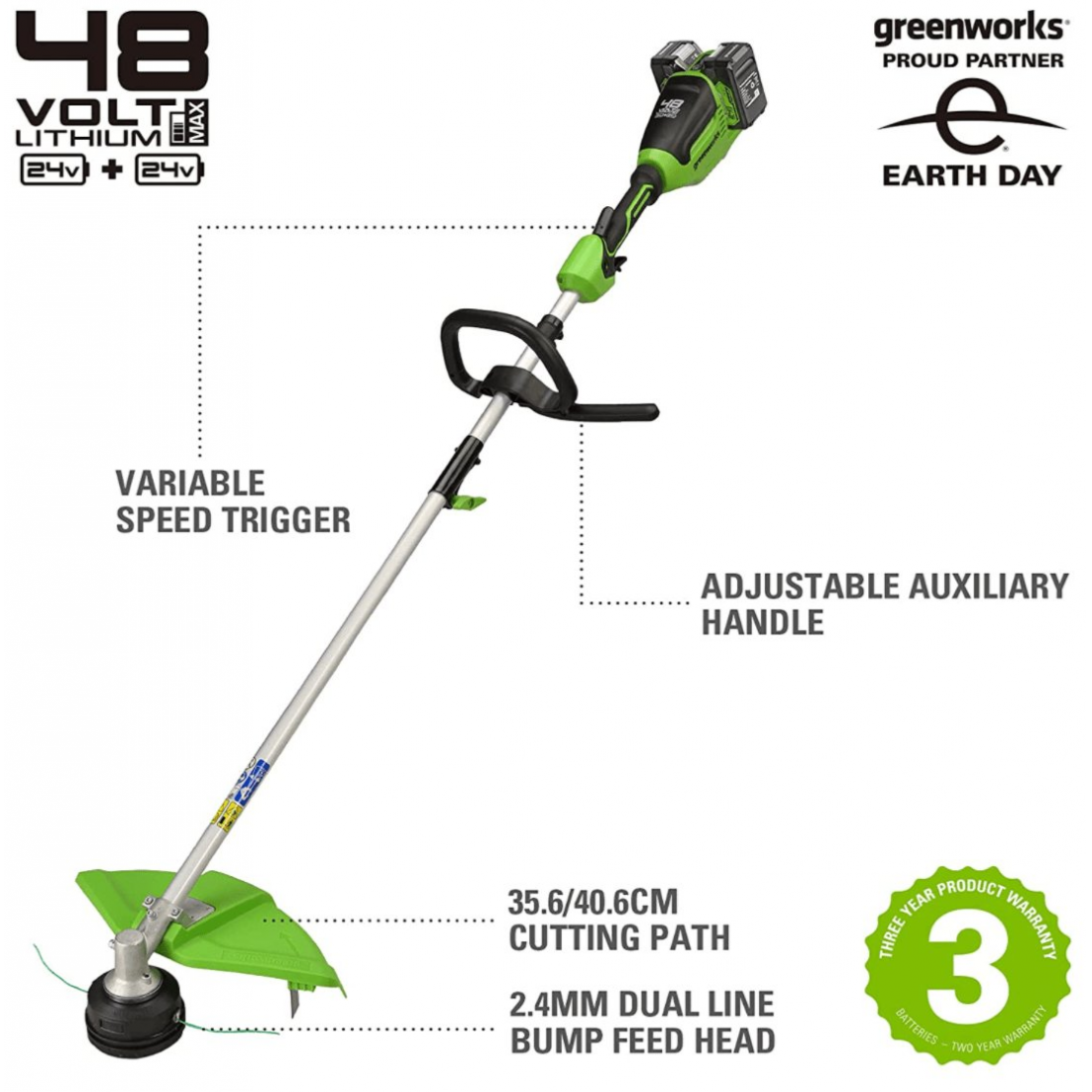 Akumuliatorinis trimeris - žoliapjovė Greenworks GD24X2TXK4x, 48 V (2X24 V), 2x4,0 Ah 1