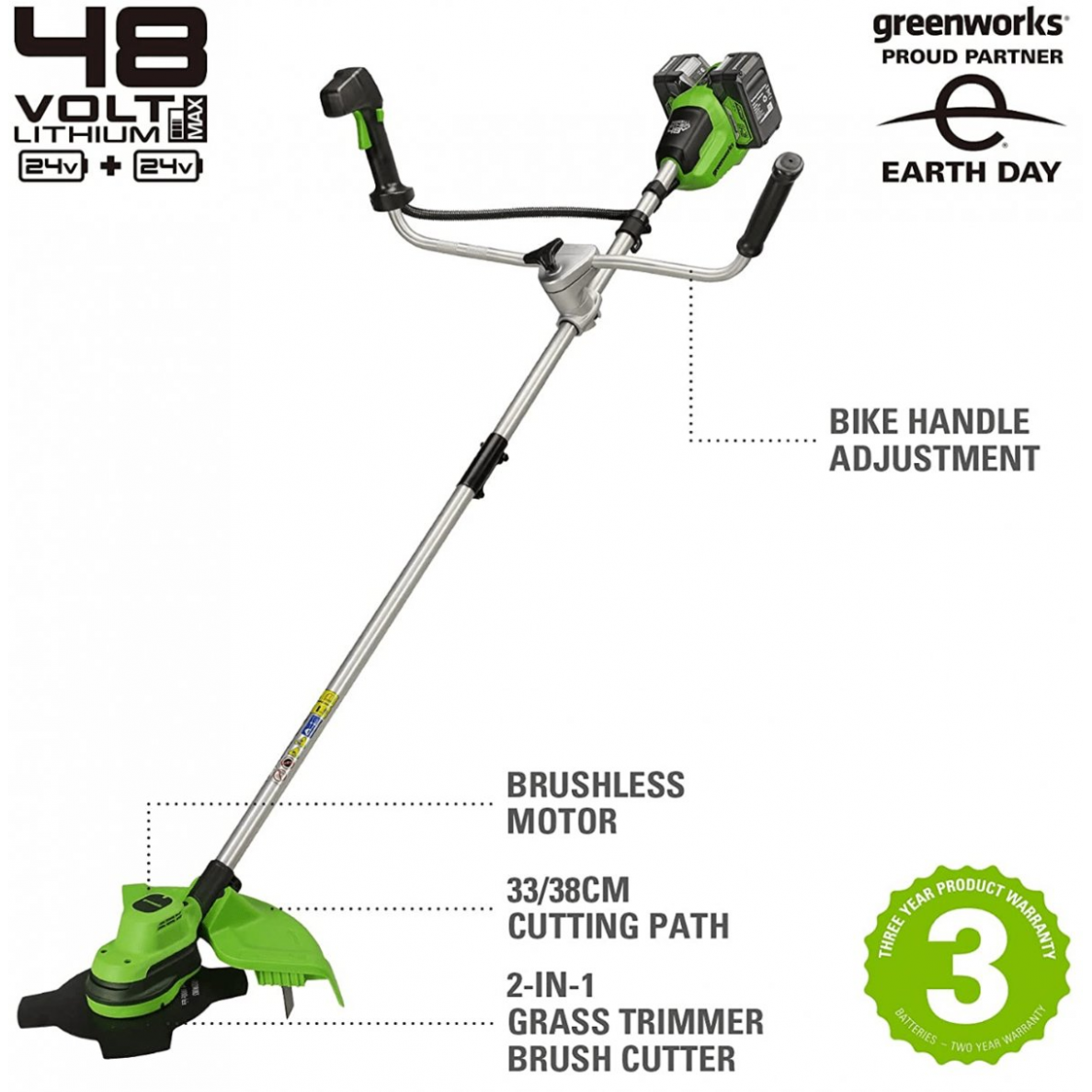 Akumuliatorinis trimeris - žoliapjovė Greenworks GD24X2BCB, 48 V(2X24 V), (be akum. ir krov.) 6