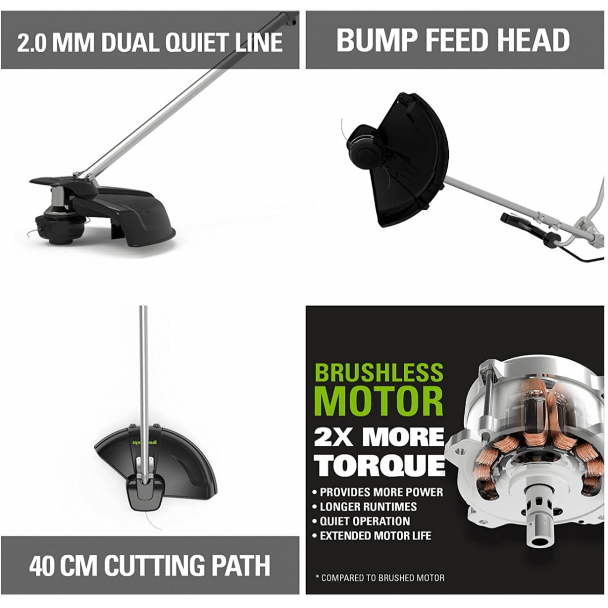 Akumuliatorinis trimeris - žoliapjovė / krūmapjovė Greenworks GD40BCK4, 40 V, 1x4,0 Ah 10 Akumuliatorinis trimeris - žoliapjovė / krūmapjovė Greenworks GD40BCK4, 40 V, 1x4,0 Ah 10